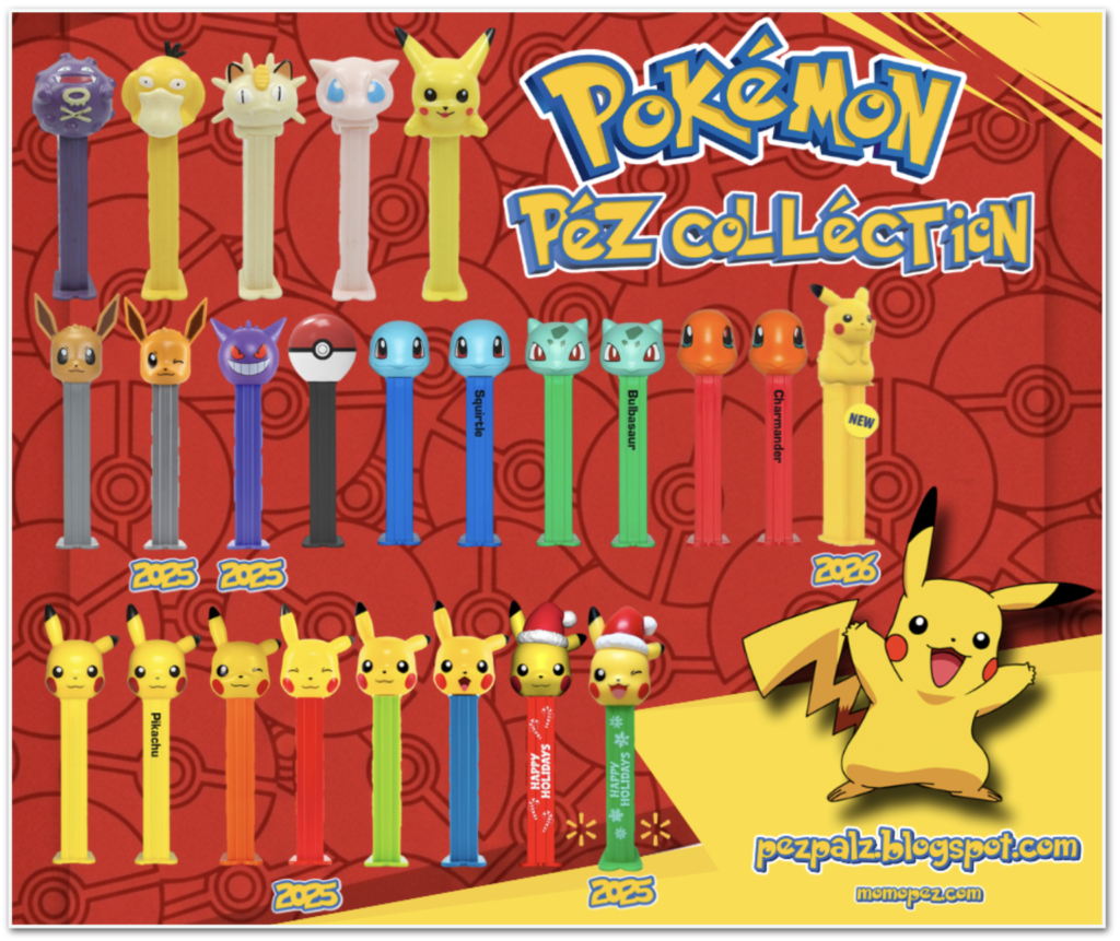 Pokemon 30th Anniversary: New PEZ Dispensers! A full pictorial display of Pokémon PEZ dispensers including Pikachu, Bulbasaur, Charmander, and Squirtle variations.